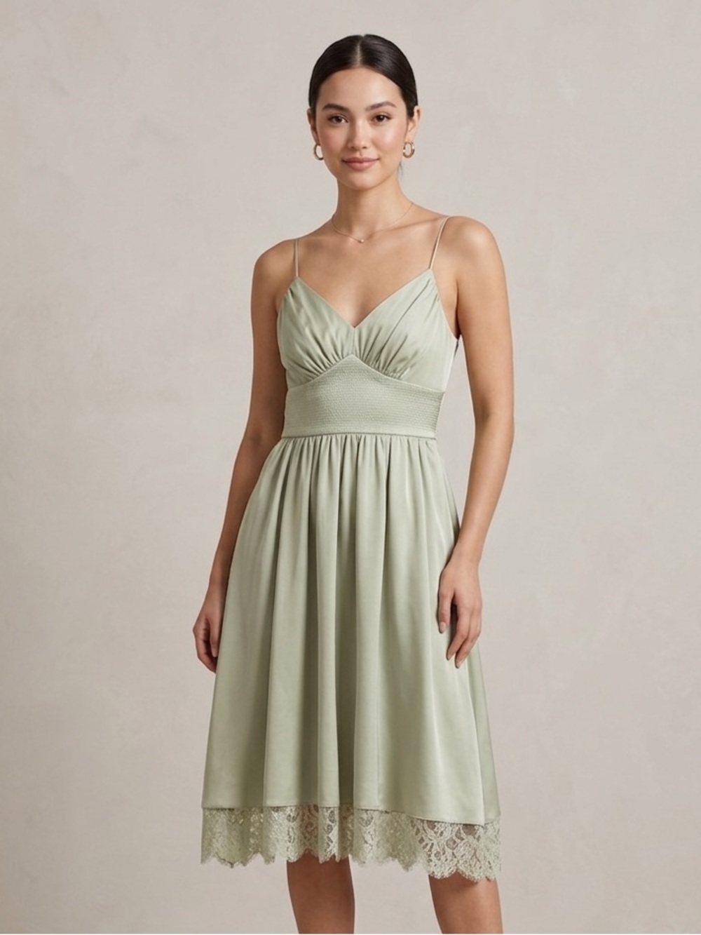 Jenny Yoo Sz 10 Silk Anise Green Lace Detail Knee Length Bridesmaid Event Dress